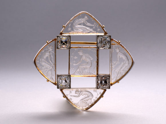 23330 - Art Nouveau Lalique Platinum Gold Diamond Crystal Woman Pin