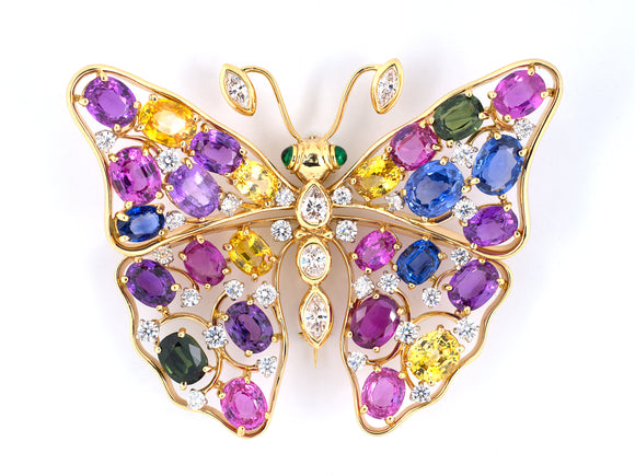 23339 - Circa 2002 Oscar Heyman Gold Platinum Sapphire Diamond Emerald Butterfly Pin