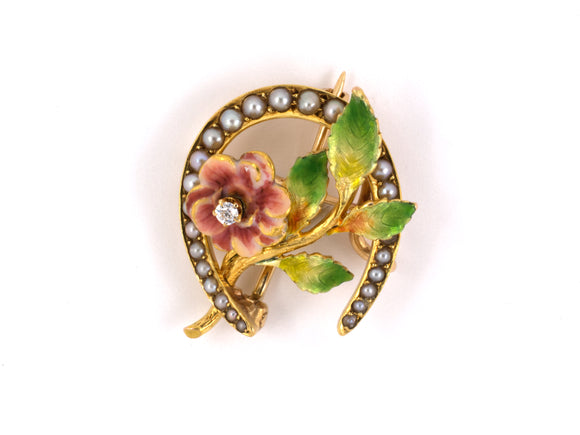 23360 - Art Nouveau Gold Enamel Horseshoe Flower Krementz Pin