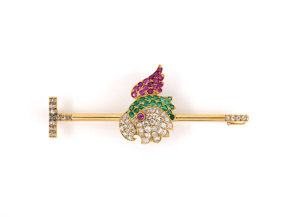 23408 - Circa 1950 Gold Diamond Emerald Ruby Parrot Head Pin