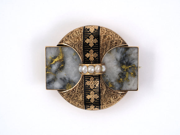 23422 - Victorian Gold Chalcedony Agate Pearl Enamel Pin
