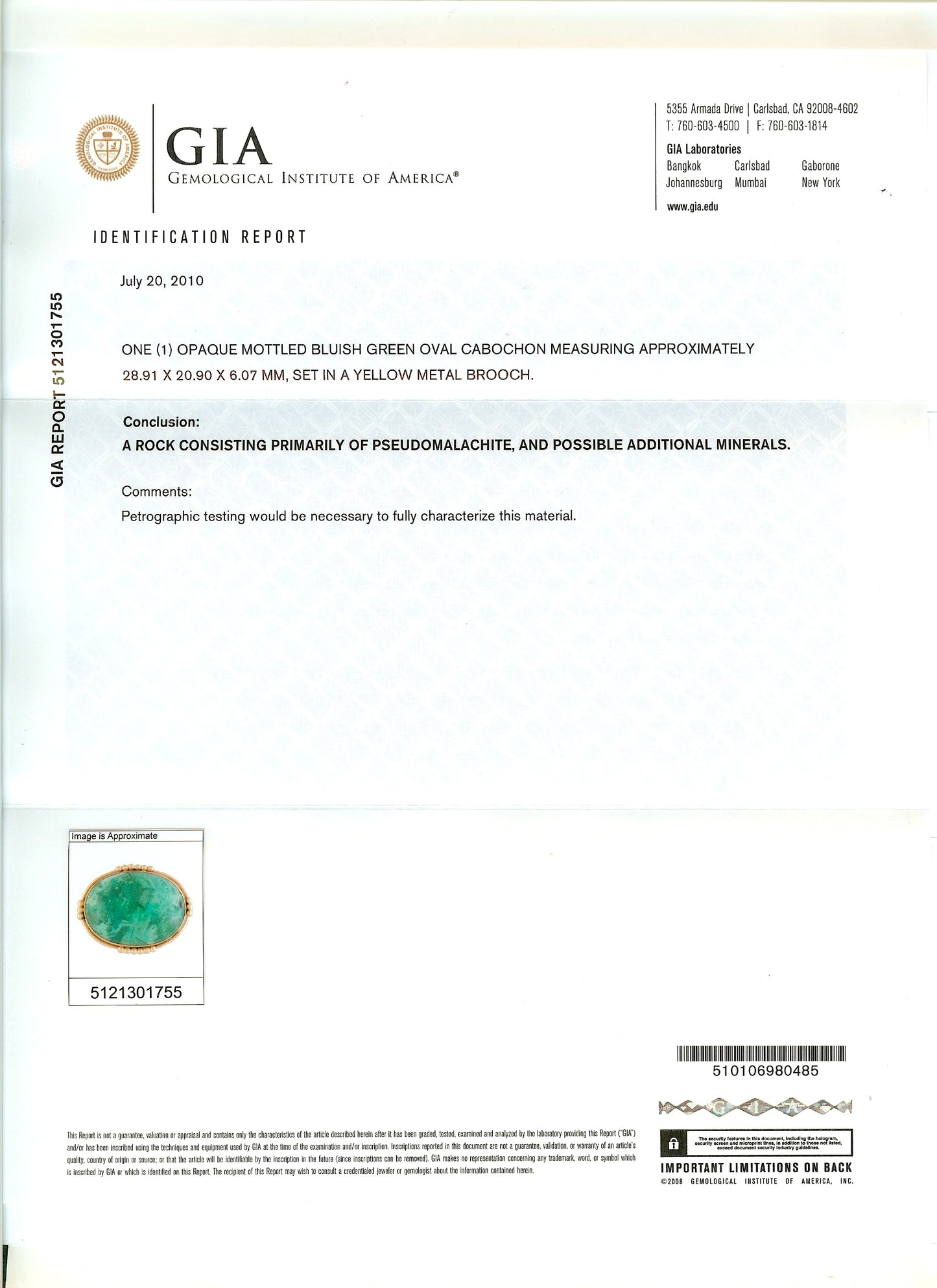 23509 - SOLD - Gold Cabochon GIA Pseudomalachite Oval Pin