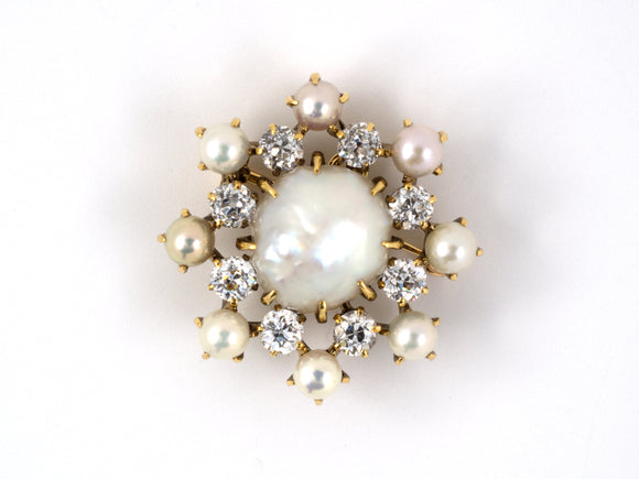 23560 - Victorian Gold GIA Natural Baroque Pearl Diamond Circle Pin Pendant