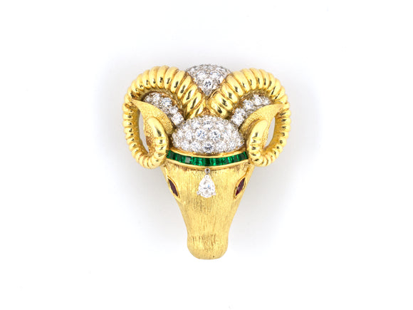 23581 - SOLD - Circa 1965 Yard Gold Platinum Diamond Emerald Ruby Pin
