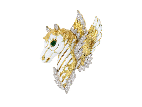 23591 - Circa 1968 Webb Gold Diamond Emerald Enamel Pegasus Horse Pin