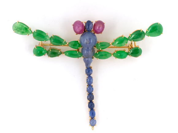 23609 - Circa 1950 Gold GIA Jadeite Star Sapphire Ruby Sapphire Dragonfly Pin