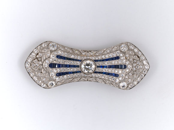 23610 - Edwardian T B Starr Platinum Diamond Sapphire Filigree Bow Pin