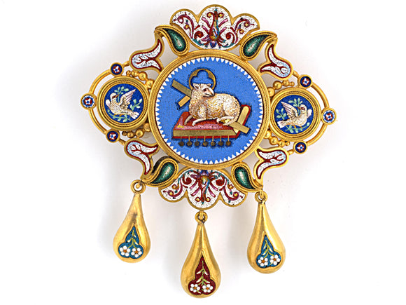 23627 - Victorian Etruscan Circa 1865 Gold Micro Mosaic Lamb Dove Locket Pin