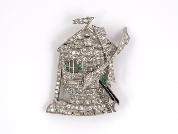 23630 - Art Deco Platinum Diamond Emerald Onyx Windmill Pin