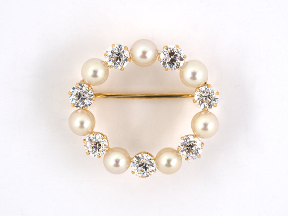 23703 - Victorian Gold GIA Natural Pearl Diamond Oval Pin