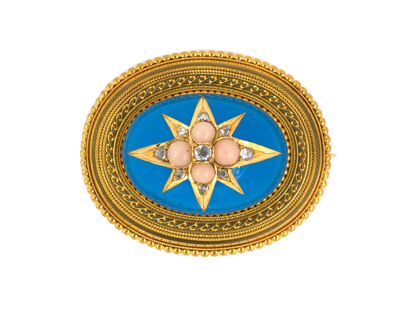 23722 - Victorian Etruscan Revival Gold Diamond Coral Enamel Pin
