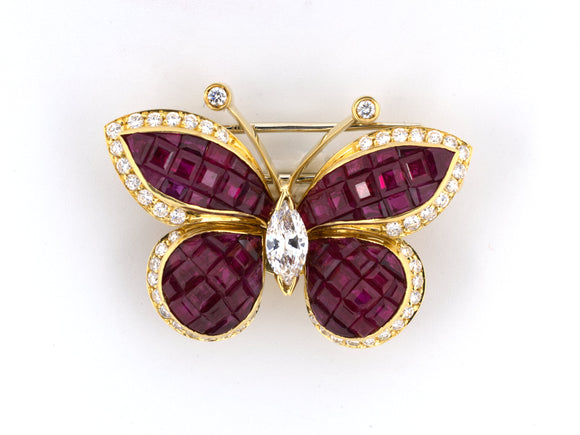 23754 - SOLD - Gold Ruby Diamond Italy Butterfly Clip Pin