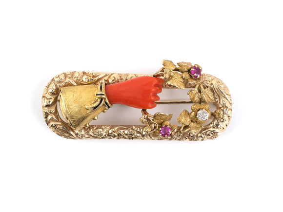 23762 - Victorian Gold Coral Diamond Burma Ruby Flower Pin