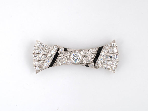 23772 - Art Deco Platinum Diamond Black Onyx Bow Pin