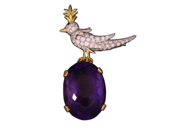 23798 - SOLD - Schlumberger Tiffany Platinum Gold Diamond Amethyst BIRD ON A ROCK Pin