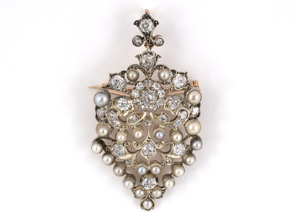 23833 - Victorian Circa 1850 Silver Gold Diamond Pearl Pin Pendant