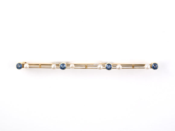 23847 - SOLD - Art Nouveau Gold Sapphire Pearl Wire Bar Pin