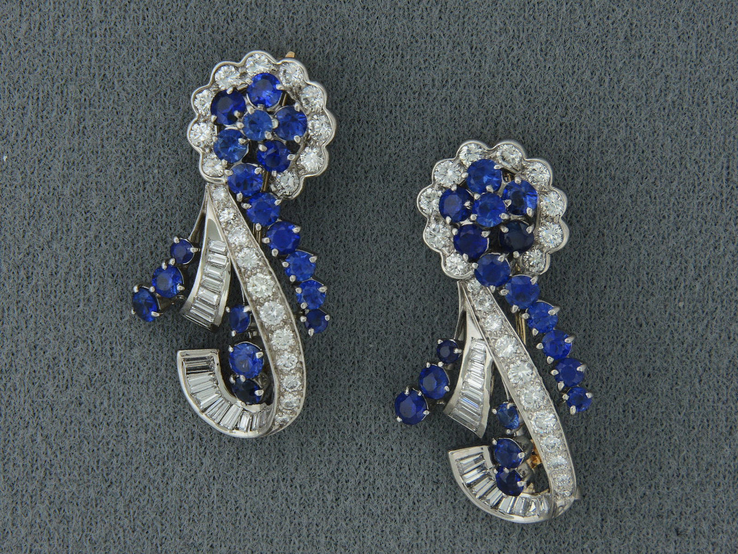 23854 - SOLD - Retro Tiffany Palladium Sapphire Diamond Pin Clips