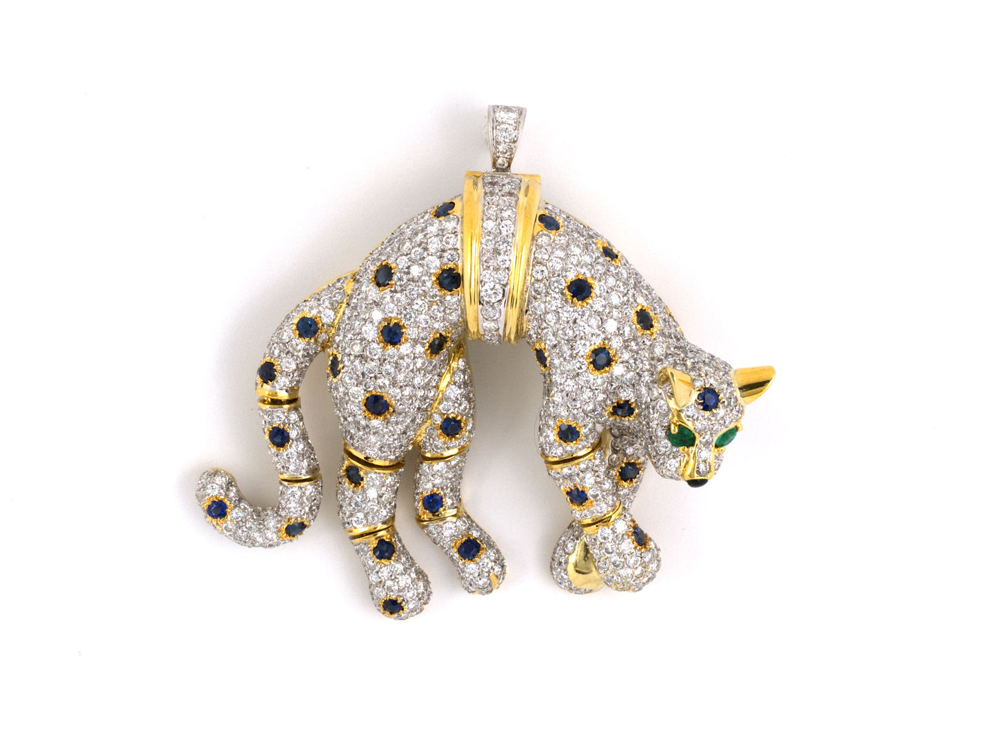 23897 - SOLD - Gold Diamond Sapphire Emerald Onyx Panther Pin Pendant