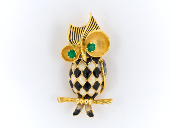 23911 - SOLD - Circa 1970 Gold Emerald Enamel Owl Pin