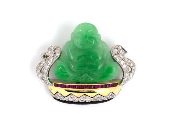 23942 - SOLD - Art Deco Gold Platinum Jadeite Diamond Ruby Buddha Pin