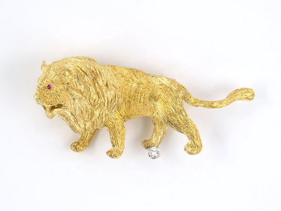 23966 - SOLD - Lederman George Gold Diamond Ruby Carved Lion Pin