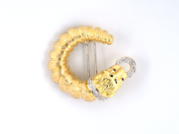 23971 - SOLD - Zolotas Gold Diamond Ruby Greek Tiger Head Circle Clip Pin