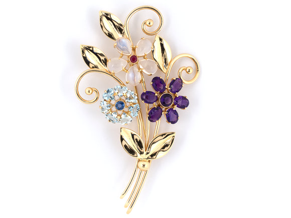 23977 - SOLD - Retro Tiffany Gold Moonstone Sapphire Ruby Amethyst Aqua Flower Pin