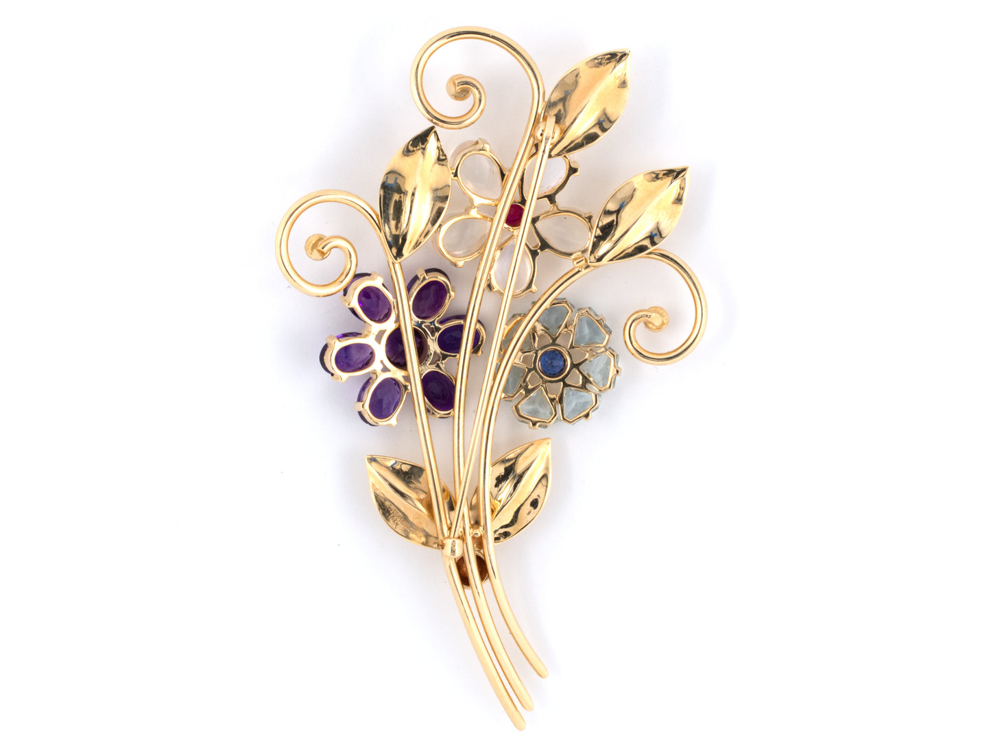 23977 - Retro Tiffany Gold Moonstone Sapphire Ruby Amethyst Aqua Flower Pin