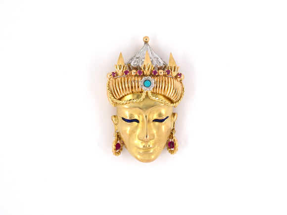 23984 - Circa 1950s Gold Diamond Ruby Turquoise Enamel Mask Pin