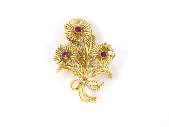 23986 - SOLD - Circa1960's Tiffany Gold Burma Ruby Flower Pin