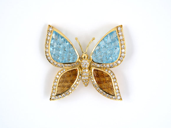 23994 - SOLD - Gold Blue Topaz Citrine Diamond Butterfly Pin