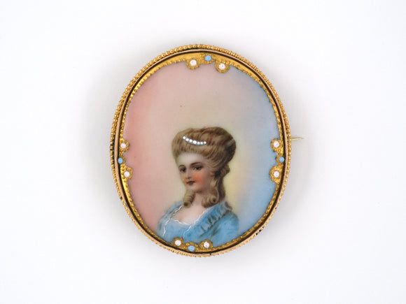23999 - Victorian Gold Enamel Painted Portrait Cameo Pin Pendant