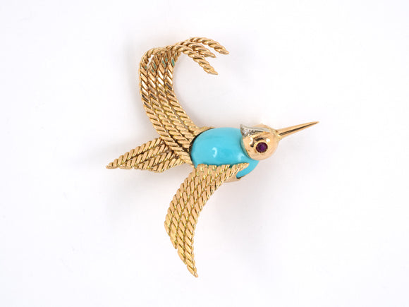 24000 - SOLD - Circa 1960 Gold Turquoise Diamond Ruby Hummingbird Pin
