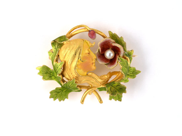 24009 - SOLD - Art Nouveau Krementz Gold Pearl Enamel Pin