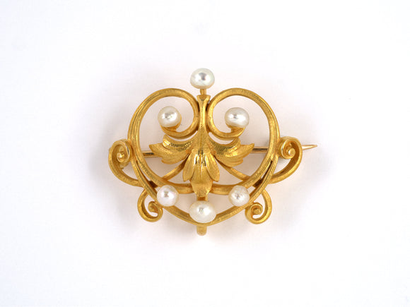 24010 - SOLD - Art Nouveau Krementz Gold Pearl Floral Pin