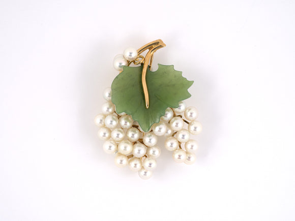 24017 - Circa 1960 Gold Pearl Nephrite Jade Grapes Leaf Pin