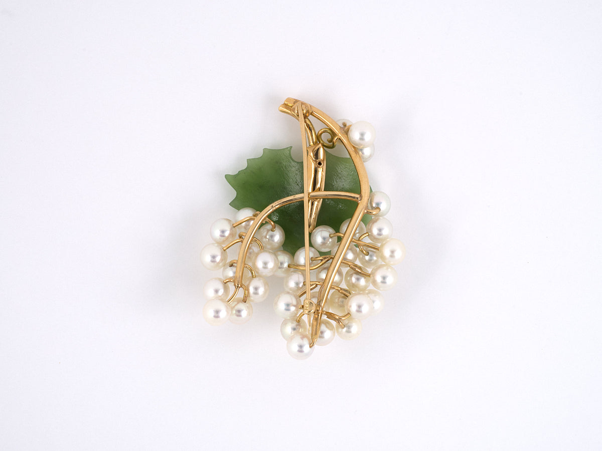 Floral Design Pearl & Jade Brooch/Pin 14K Yellow Gold