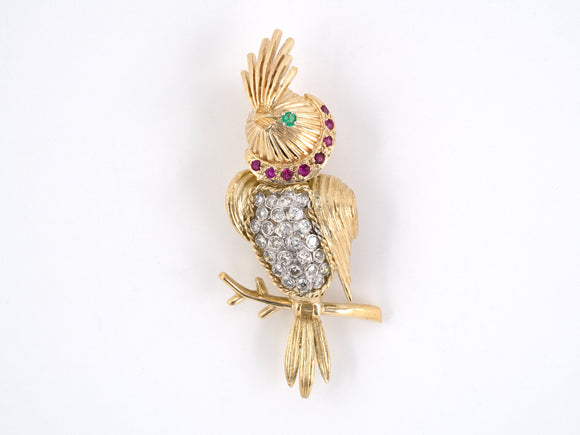 24018 - SOLD - Gold Diamond Ruby Emerald Parrot Pin