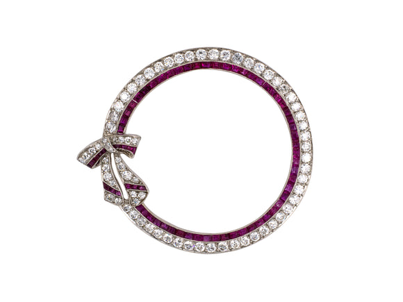 24027 - Art Deco Platinum Diamond Ruby Bow Circle Pin