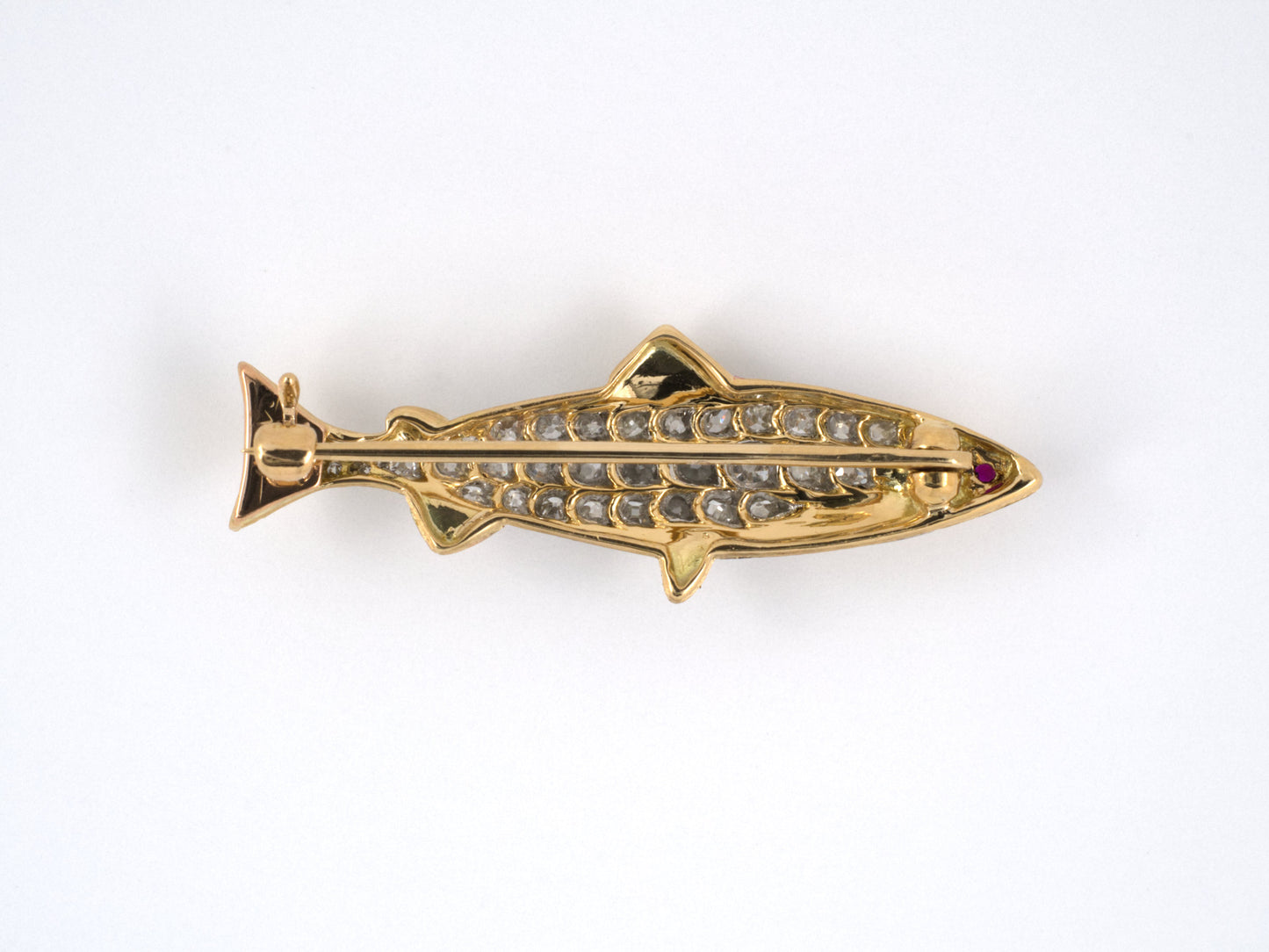 24048 - Victorian Gold Platinum Diamond Ruby Trout Fish Pin
