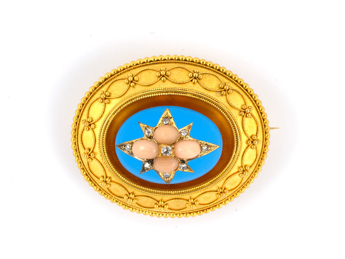 24049 - 18k Yg Coral Blue Enamel Diamond Victorian Etruscan Revival Beaded Oval Domed Locket Pin, 1 3/4 x 1 3/8,
