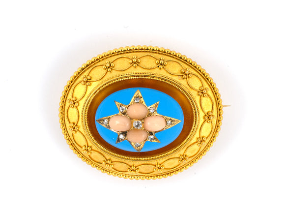 24049 - 18k Yg Coral Blue Enamel Diamond Victorian Etruscan Revival Beaded Oval Domed Locket Pin,  1 3/4 x 1 3/8,