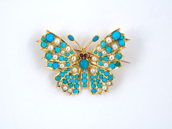 24056 - SOLD - Victorian Gold Turquoise Ruby 1/2-Pearl Butterfly Pin