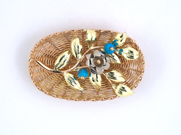 24060 - Retro Tri-Color Gold Turquoise Flower Basket Pin
