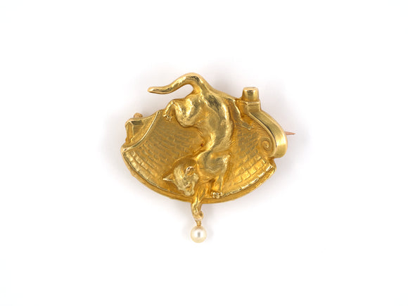 24069 - SOLD - Art Nouveau Gold Pearl Drop Cat French Pin