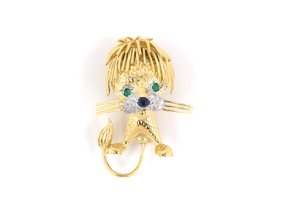 24073 - SOLD - Circa 1965 Gold Diamond Sapphire Emerald Baby Lion Pin