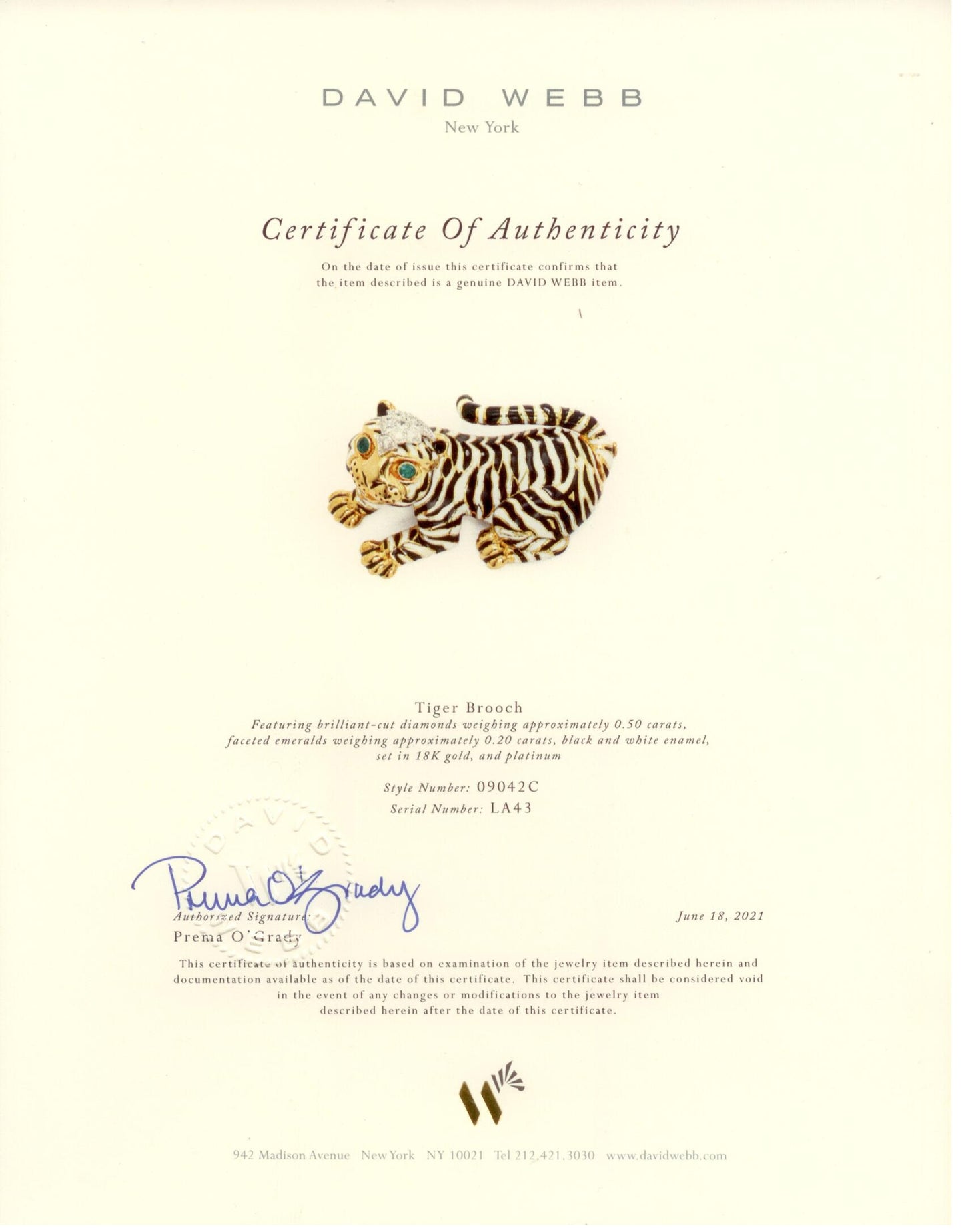 24077 - SOLD - Webb Gold Platinum Emerald Diamond Enamel Tiger Brooch Pin