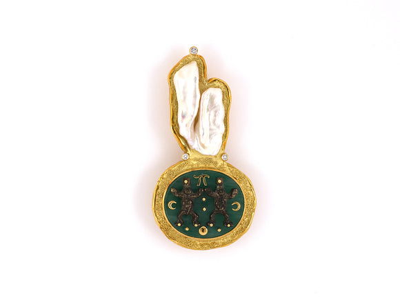 24083 - Patricia Fruttuaro Gold Silver Diamond Pearl Green Onyx  Pin