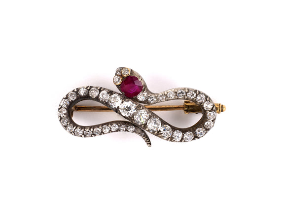 24085 - SOLD - Circa 1850 Victorian English Silver Gold Ruby Diamond Snake Pin